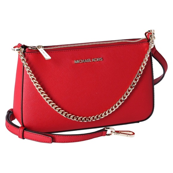Michael Kors Jet Set Travel Medium Zip Pouchette Crossbody Bright Red Leather - Picture 6 of 8